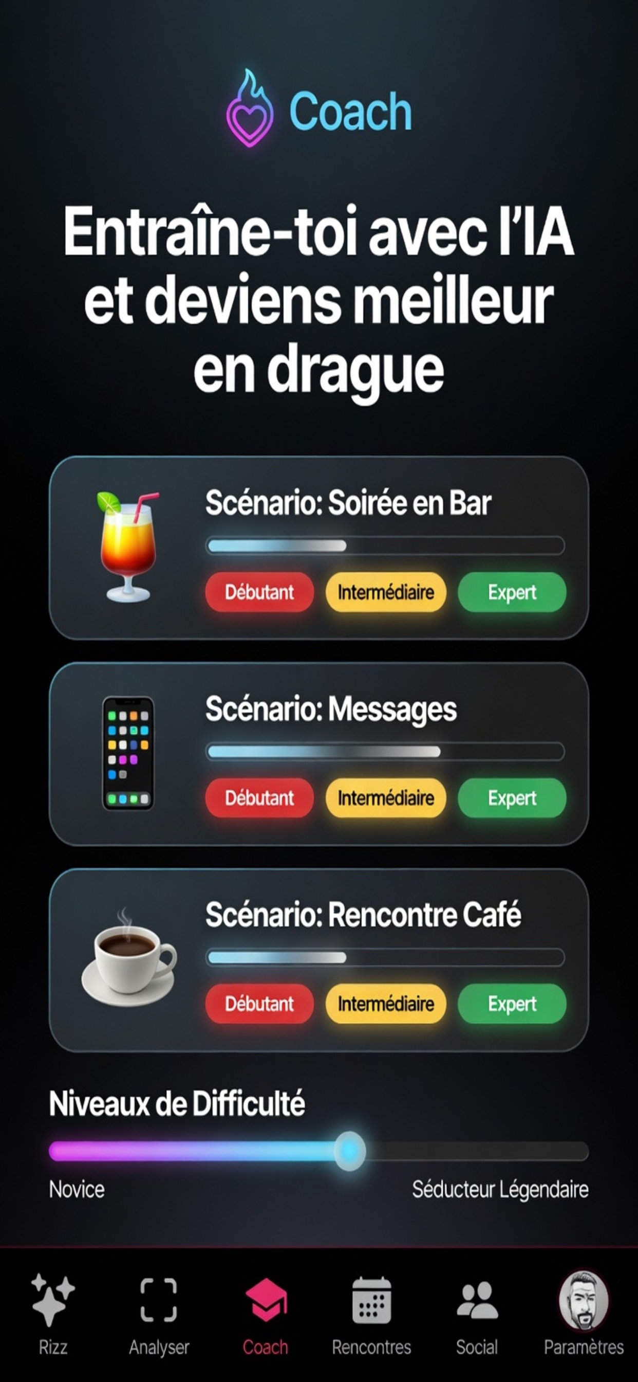 Coach IA - Entraine-toi avec scenarios drague (Bar, Messages, Cafe)